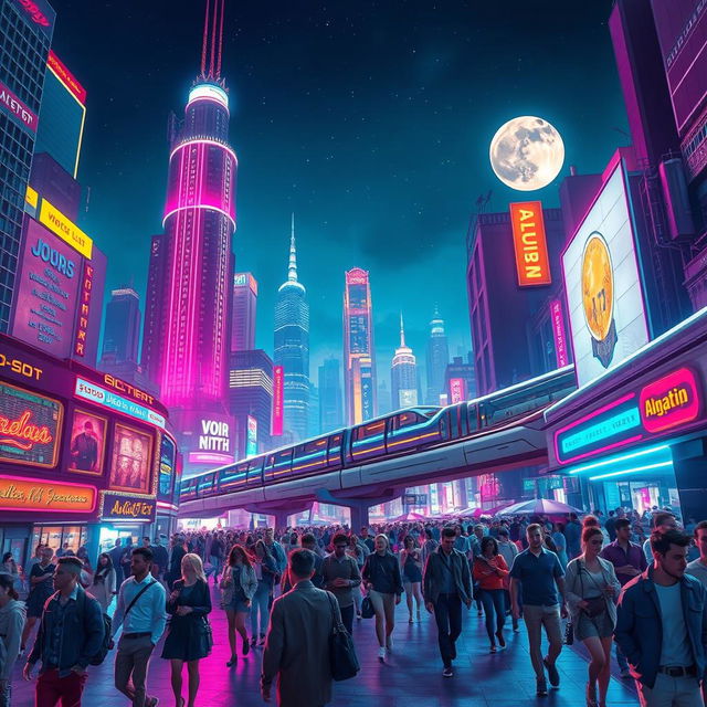 A fantastical night cityscape with towering skyscrapers illuminated by colorful neon lights, a bustling street filled with diverse people in stylish clothing, a futuristic monorail gliding above the street, and a starry sky with a glowing moon that adds a magical touch
