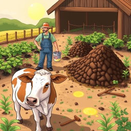 A detailed illustration depicting the process of obtaining organic fertilizer from cow urine and manure
