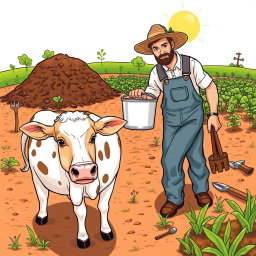 A detailed illustration depicting the process of obtaining organic fertilizer from cow urine and manure