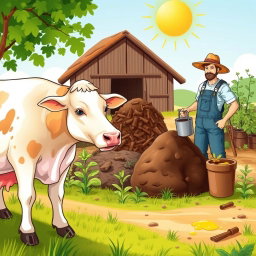 A detailed illustration depicting the process of obtaining organic fertilizer from cow urine and manure