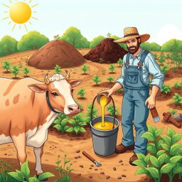 A detailed illustration depicting the process of obtaining organic fertilizer from cow urine and manure