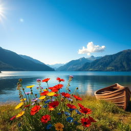 A beautiful, serene landscape featuring a tranquil lake surrounded by lush green mountains under a clear blue sky