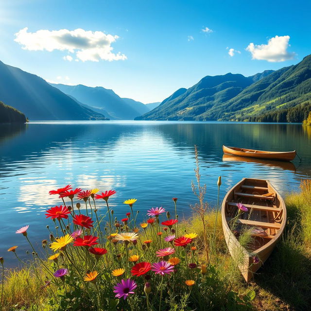 A beautiful, serene landscape featuring a tranquil lake surrounded by lush green mountains under a clear blue sky