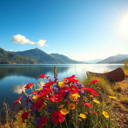 A beautiful, serene landscape featuring a tranquil lake surrounded by lush green mountains under a clear blue sky