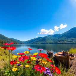 A beautiful, serene landscape featuring a tranquil lake surrounded by lush green mountains under a clear blue sky