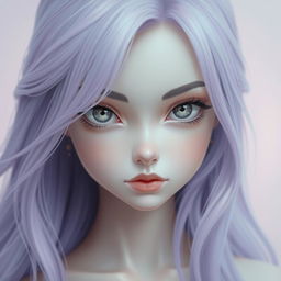 A girl with flowing lilac hair cascading down her shoulders, striking gray eyes that reflect a sense of mystery, and an attractive elongated face