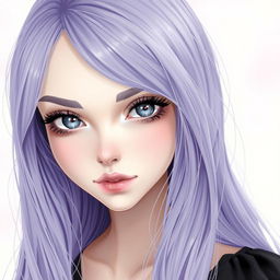 A girl with flowing lilac hair cascading down her shoulders, striking gray eyes that reflect a sense of mystery, and an attractive elongated face