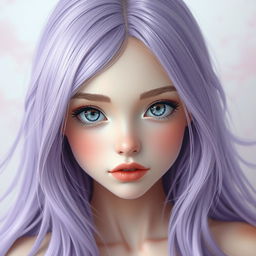 A girl with flowing lilac hair cascading down her shoulders, striking gray eyes that reflect a sense of mystery, and an attractive elongated face