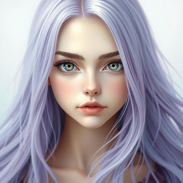 A girl with flowing lilac hair cascading down her shoulders, striking gray eyes that reflect a sense of mystery, and an attractive elongated face