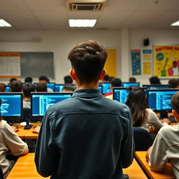 A classroom scene viewed from the back, where students are focused on solving math problems on their computers