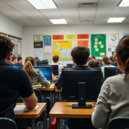 A classroom scene viewed from the back, where students are focused on solving math problems on their computers