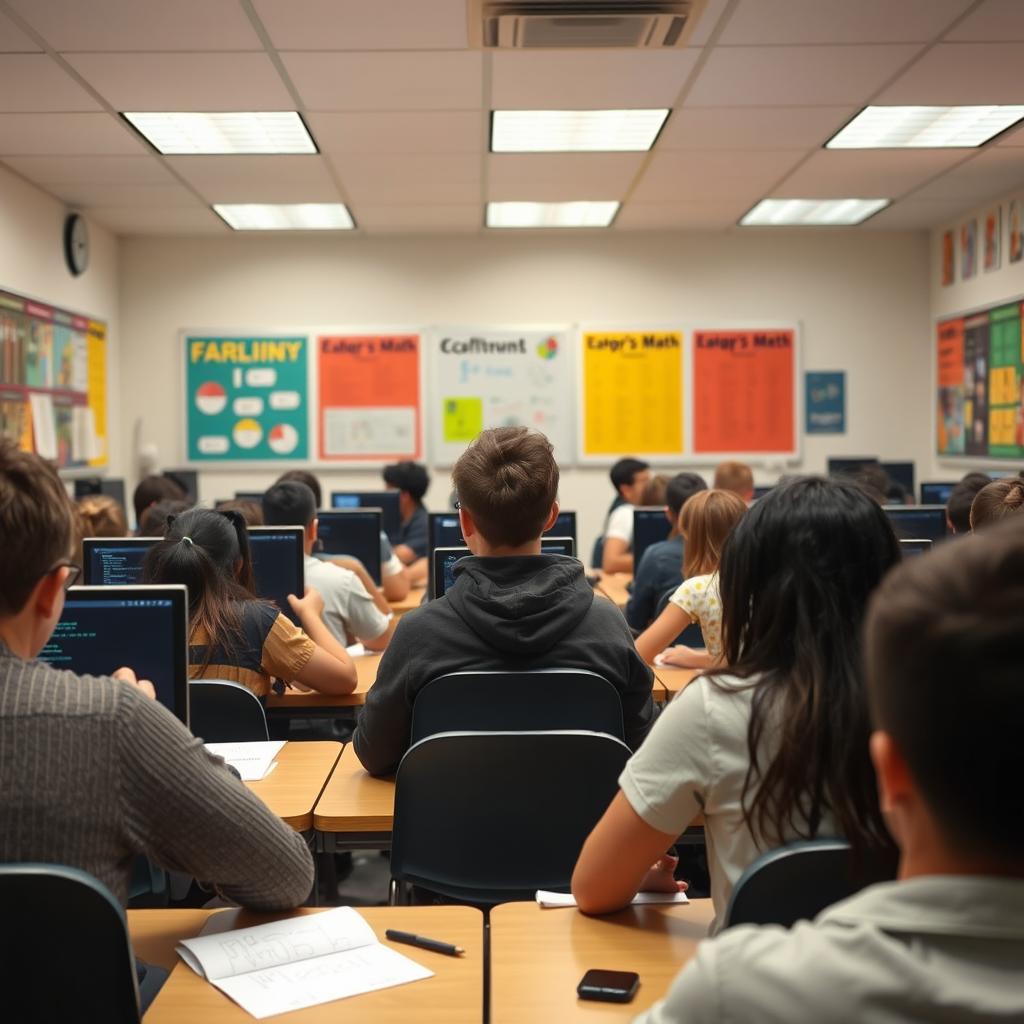 A classroom scene viewed from the back, where students are focused on solving math problems on their computers