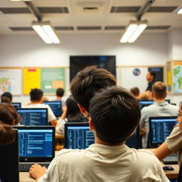 A classroom scene viewed from the back, where students are focused on solving math problems on their computers