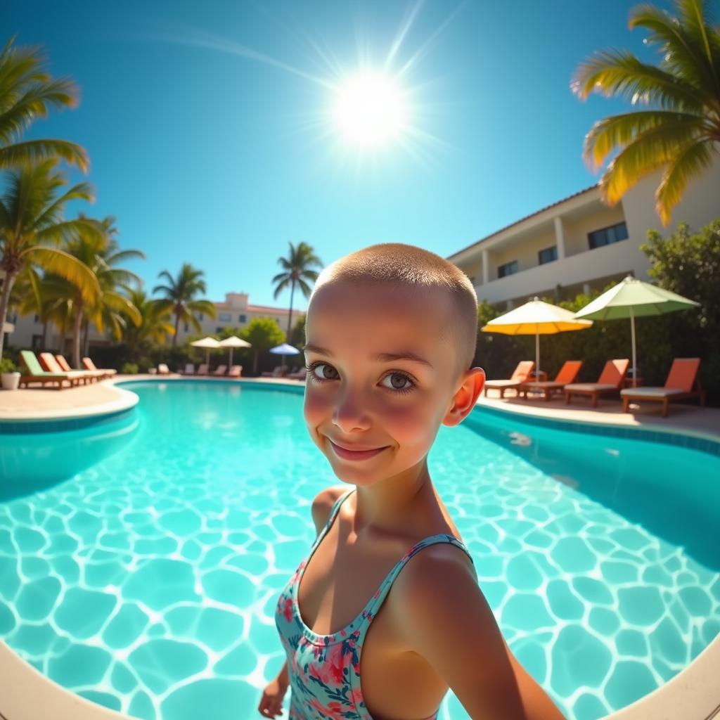 A panoramic view of a vibrant summer scene featuring a teenage girl with a buzzcut standing confidently next to a sparkling swimming pool