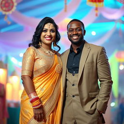 An Indian curvy woman elegantly wearing a stunning golden salwar suit, adorned with intricate patterns and embellishments