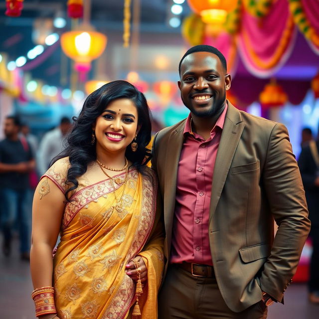 An Indian curvy woman elegantly wearing a stunning golden salwar suit, adorned with intricate patterns and embellishments
