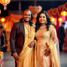 An Indian curvy woman elegantly wearing a stunning golden salwar suit, adorned with intricate patterns and embellishments