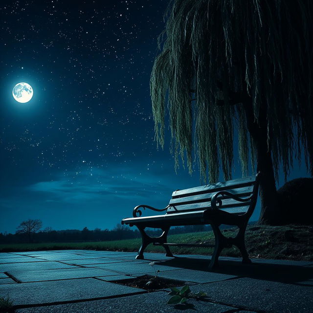 A serene yet melancholic scene depicting a beautiful night sky filled with twinkling stars, casting a soft light on a lonely, weathered park bench under a willow tree