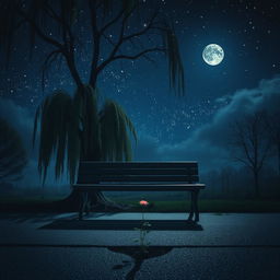 A serene yet melancholic scene depicting a beautiful night sky filled with twinkling stars, casting a soft light on a lonely, weathered park bench under a willow tree