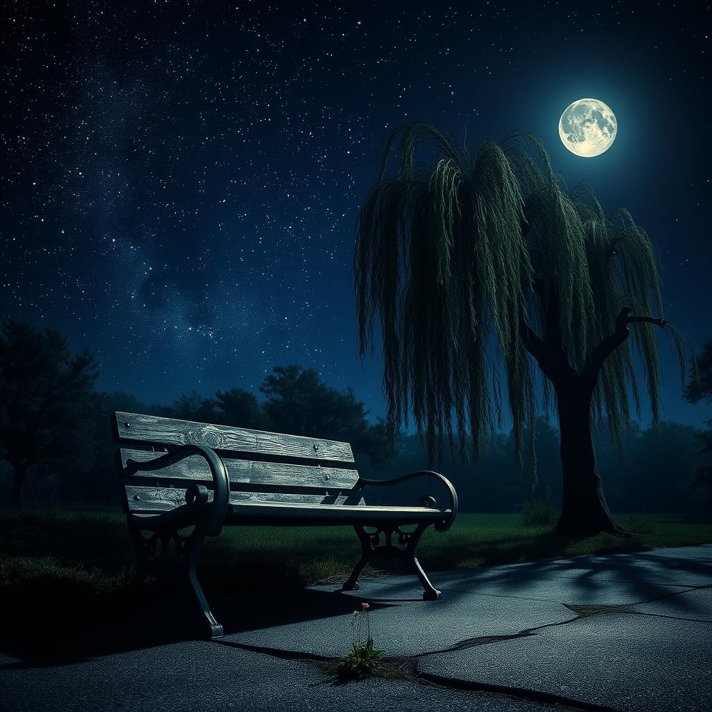 A serene yet melancholic scene depicting a beautiful night sky filled with twinkling stars, casting a soft light on a lonely, weathered park bench under a willow tree