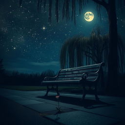 A serene yet melancholic scene depicting a beautiful night sky filled with twinkling stars, casting a soft light on a lonely, weathered park bench under a willow tree