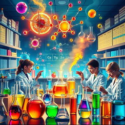 A visually stunning representation of a vibrant chemistry laboratory filled with colorful liquids in glass beakers, intricate chemical structures floating in the air, a glowing alignment of atoms, and a background of textbooks and periodic tables