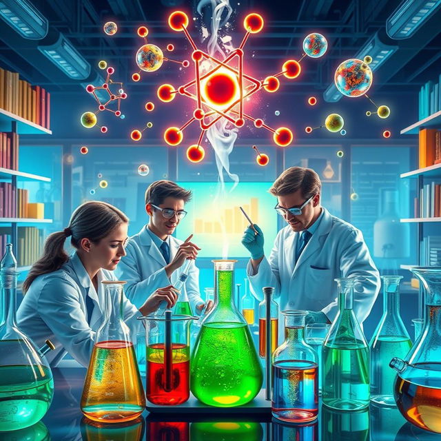 A visually stunning representation of a vibrant chemistry laboratory filled with colorful liquids in glass beakers, intricate chemical structures floating in the air, a glowing alignment of atoms, and a background of textbooks and periodic tables