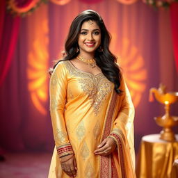 An Indian curvy girl elegantly wearing a beautiful golden salwar suit, featuring intricate embroidery and embellishments that shimmer in the light