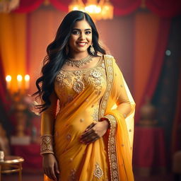 An Indian curvy girl elegantly wearing a beautiful golden salwar suit, featuring intricate embroidery and embellishments that shimmer in the light