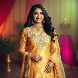 An Indian curvy girl elegantly wearing a beautiful golden salwar suit, featuring intricate embroidery and embellishments that shimmer in the light