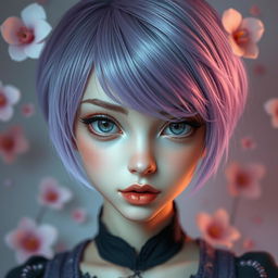 A girl with short lilac hair, gray eyes, and an attractive elongated face