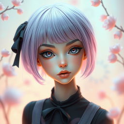A girl with short lilac hair, gray eyes, and an attractive elongated face