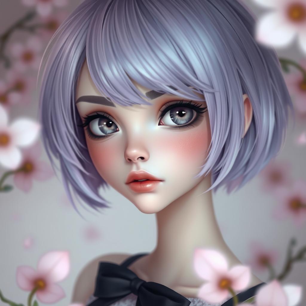 A girl with short lilac hair, gray eyes, and an attractive elongated face