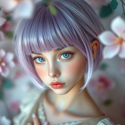 A girl with short lilac hair, gray eyes, and an attractive elongated face