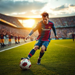 A dynamic portrait of Lionel Messi dribbling a football on a lush green pitch, with a crowd cheering in the background