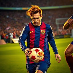 A dynamic portrait of Lionel Messi dribbling a football on a lush green pitch, with a crowd cheering in the background