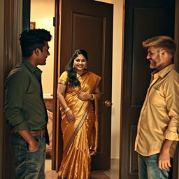 An Indian woman with a curvy figure stands at the door, wearing a shimmering golden saree that elegantly drapes around her, complemented by a matching golden blouse