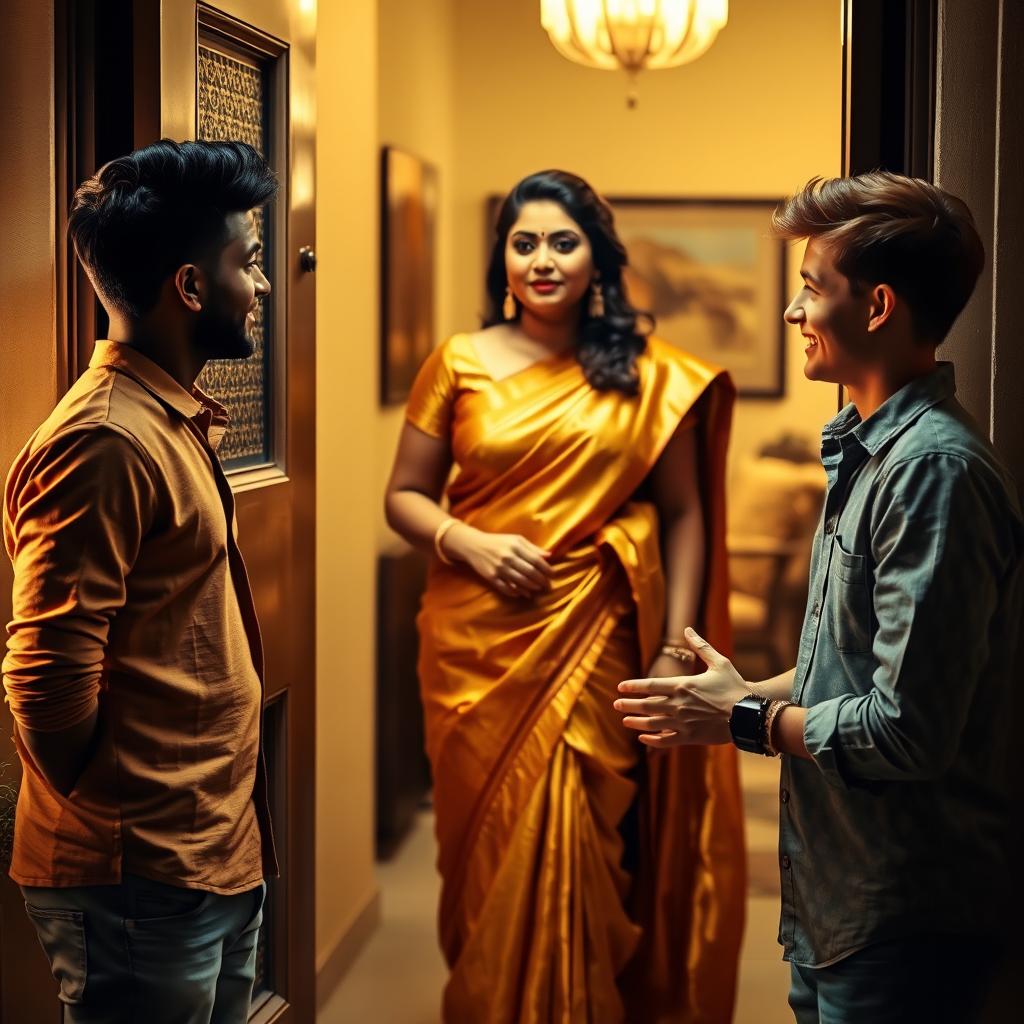 An Indian woman with a curvy figure stands at the door, wearing a shimmering golden saree that elegantly drapes around her, complemented by a matching golden blouse