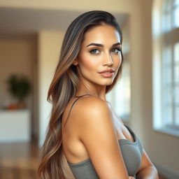 A perfectly lit portrait of a beautiful woman with a confident expression, showcasing elegant body language and a strong pose