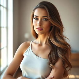 A perfectly lit portrait of a beautiful woman with a confident expression, showcasing elegant body language and a strong pose