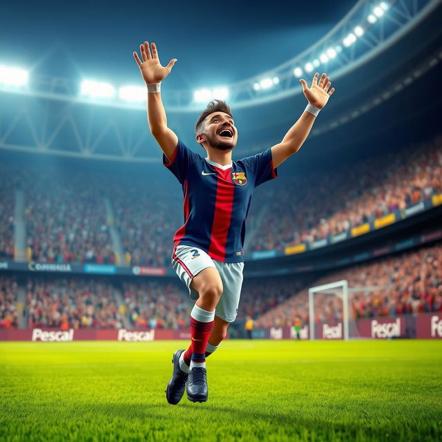 A realistic 3D depiction of a football player celebrating a goal in a grand stadium