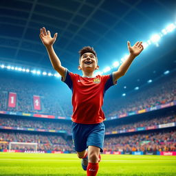 A realistic 3D depiction of a football player celebrating a goal in a grand stadium