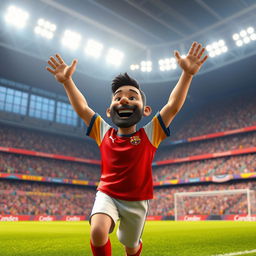 A realistic 3D depiction of a football player celebrating a goal in a grand stadium