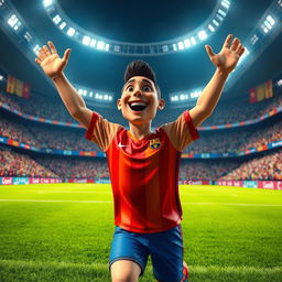 A realistic 3D depiction of a football player celebrating a goal in a grand stadium