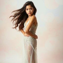 A bold girl confidently posing in a stunning transparent dress that elegantly drapes over her figure