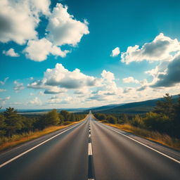 A captivating photograph of a long, winding road stretching into the horizon, showcasing a beautiful perspective view that emphasizes depth and distance