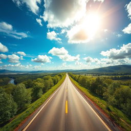 A captivating photograph of a long, winding road stretching into the horizon, showcasing a beautiful perspective view that emphasizes depth and distance