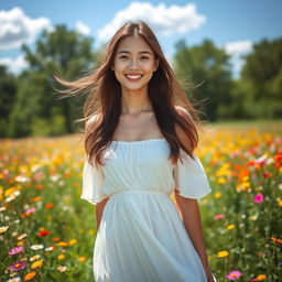 A young woman standing in a vibrant field of wildflowers, wearing a flowing white dress that gently sways in the breeze