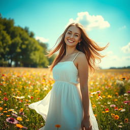 A young woman standing in a vibrant field of wildflowers, wearing a flowing white dress that gently sways in the breeze