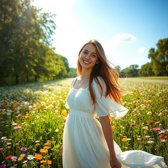A young woman standing in a vibrant field of wildflowers, wearing a flowing white dress that gently sways in the breeze